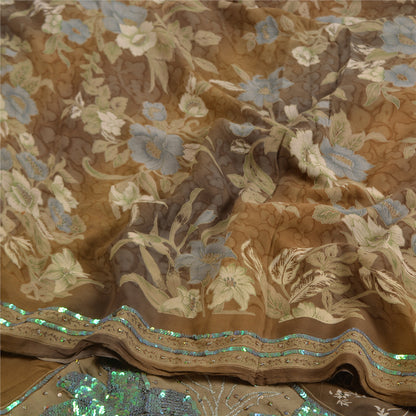 Sanskriti Vintage Sarees Brown Hand Beaded Pure Crepe Silk Printed Sari Sustainable Fabric