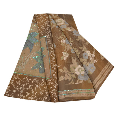 Sanskriti Vintage Sarees Brown Hand Beaded Pure Crepe Silk Printed Sari Sustainable Fabric