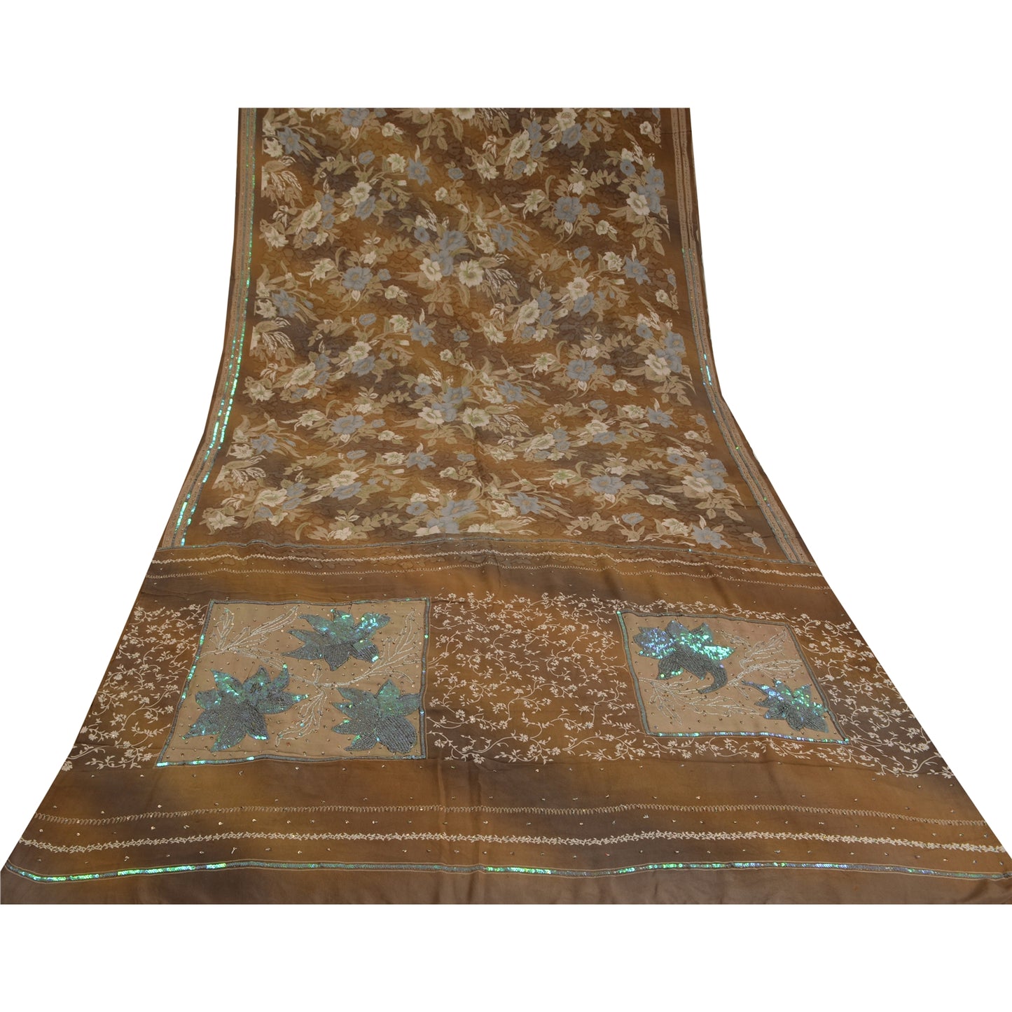 Sanskriti Vintage Sarees Brown Hand Beaded Pure Crepe Silk Printed Sari Sustainable Fabric