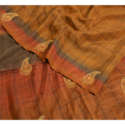 Sanskriti Vintage Sarees Saffron Suzani Hand Embroidered Pure Crepe Sari Sustainable Fabric