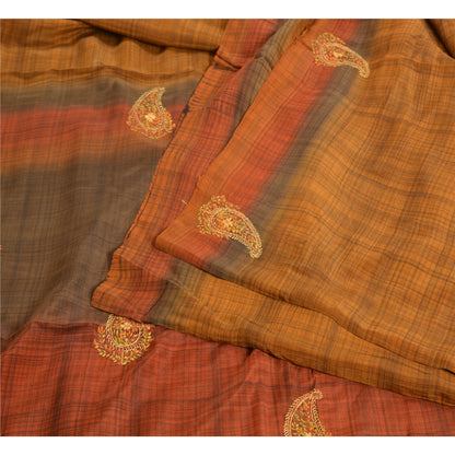 Sanskriti Vintage Sarees Saffron Suzani Hand Embroidered Pure Crepe Sari Sustainable Fabric