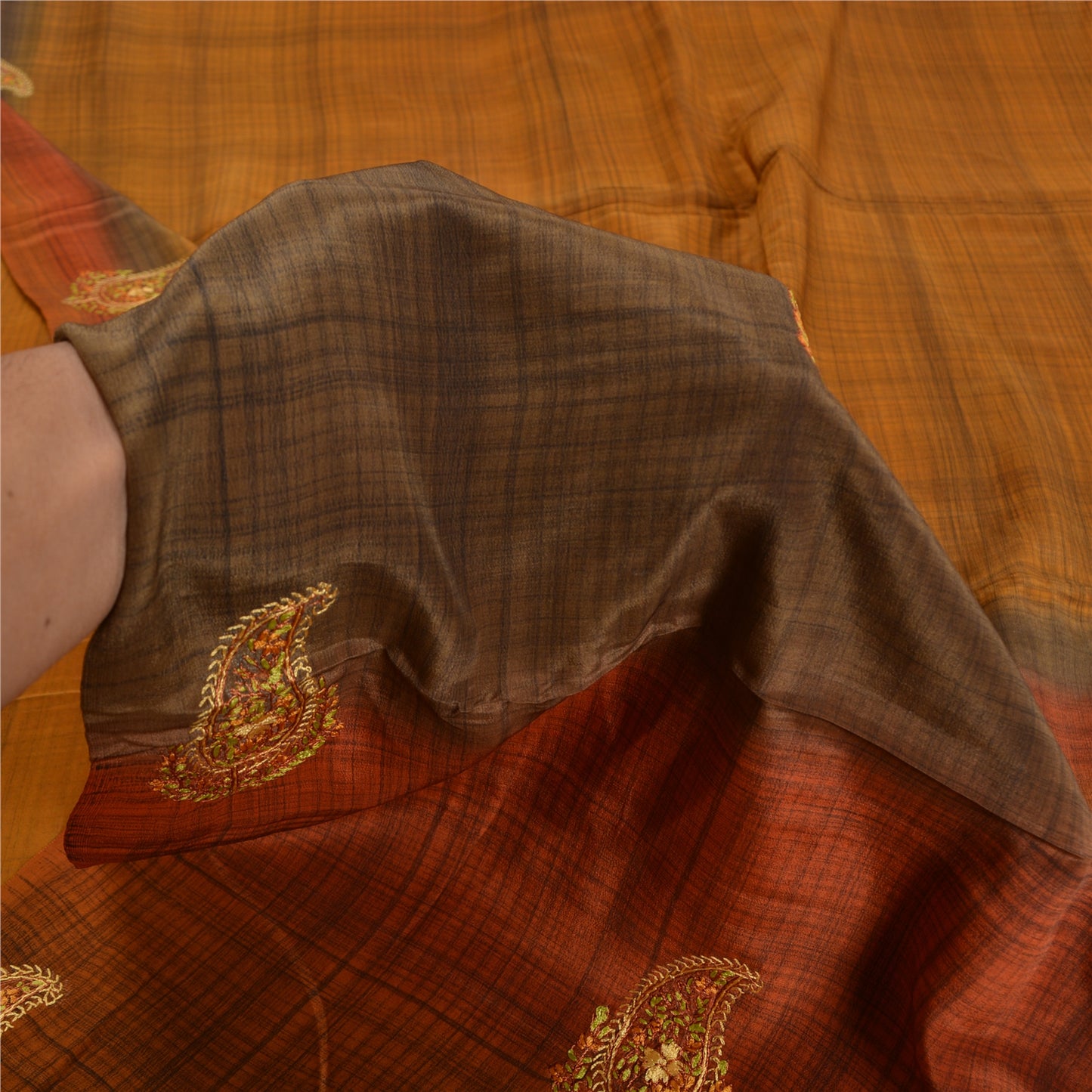 Sanskriti Vintage Sarees Saffron Suzani Hand Embroidered Pure Crepe Sari Sustainable Fabric