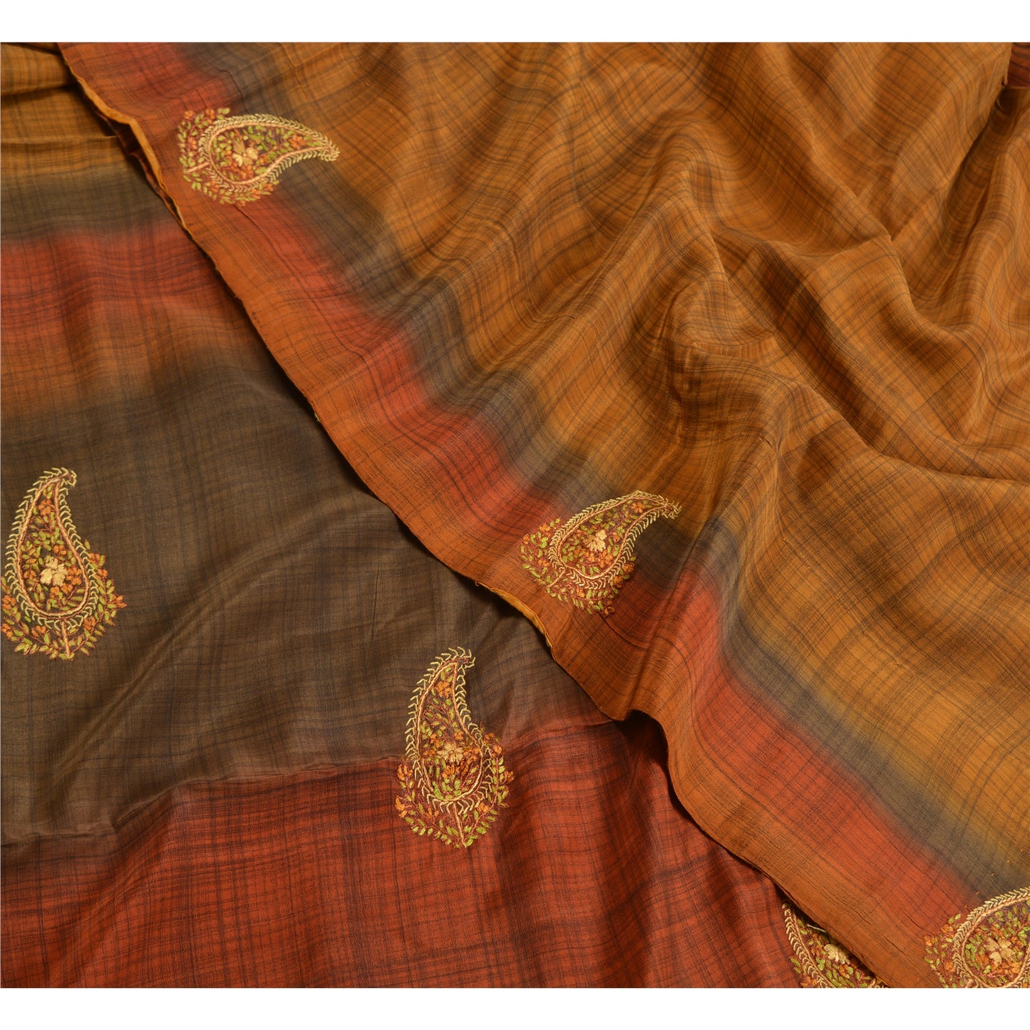 Sanskriti Vintage Sarees Saffron Suzani Hand Embroidered Pure Crepe Sari Sustainable Fabric