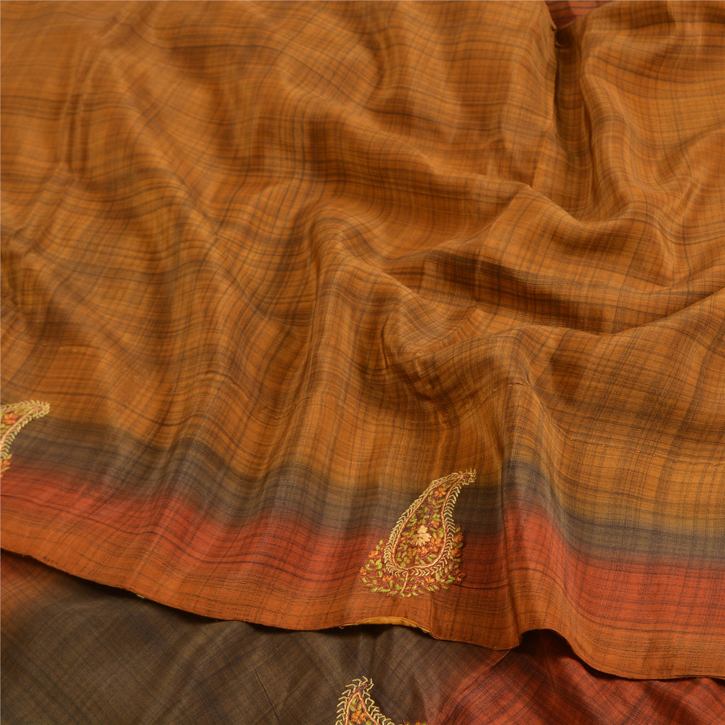Sanskriti Vintage Sarees Saffron Suzani Hand Embroidered Pure Crepe Sari Sustainable Fabric