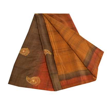 Sanskriti Vintage Sarees Saffron Suzani Hand Embroidered Pure Crepe Sari Sustainable Fabric