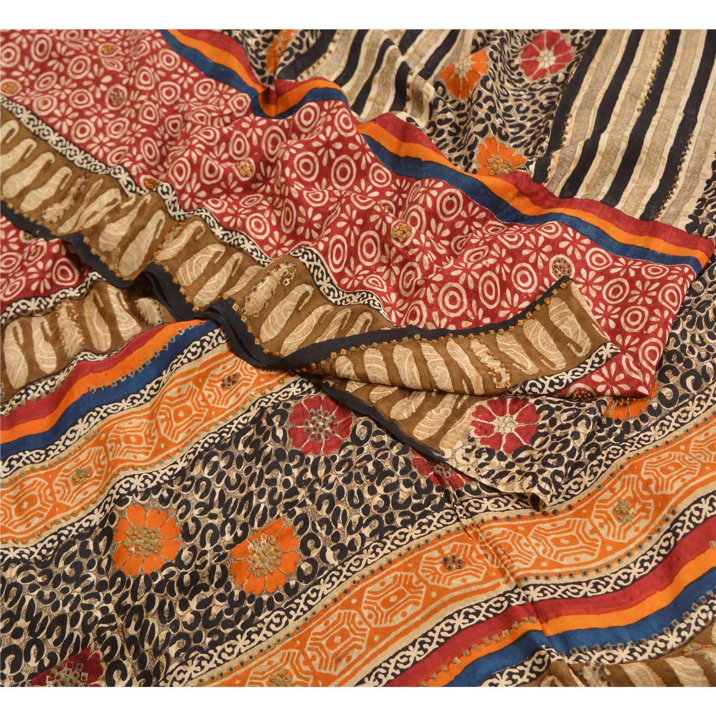 Sanskriti Vintage Sarees Hand Beaded Pure Crepe Silk Printed Sari Craft Sustainable Fabric