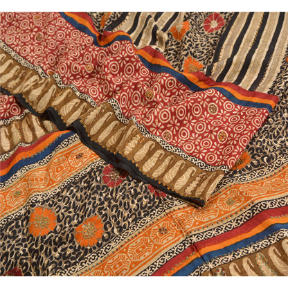 Sanskriti Vintage Sarees Hand Beaded Pure Crepe Silk Printed Sari Craft Sustainable Fabric