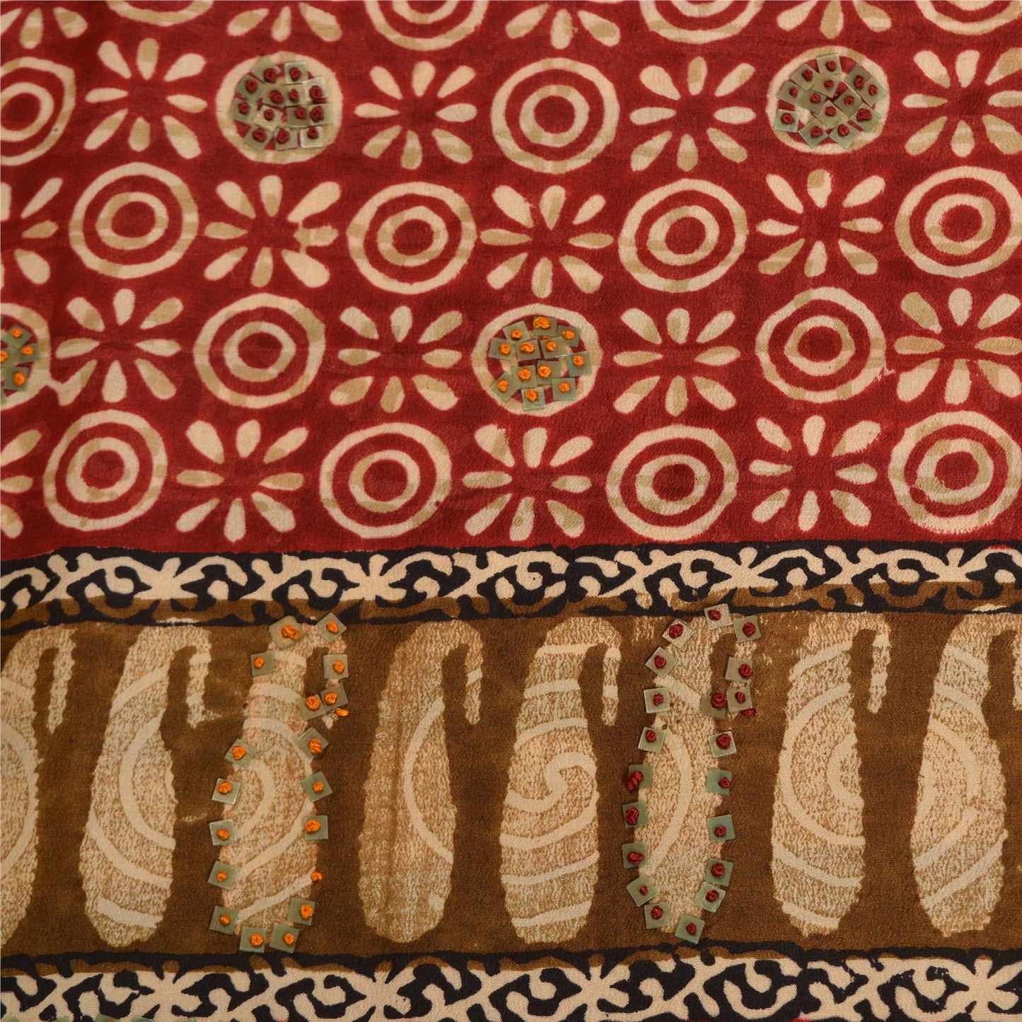 Sanskriti Vintage Sarees Hand Beaded Pure Crepe Silk Printed Sari Craft Sustainable Fabric