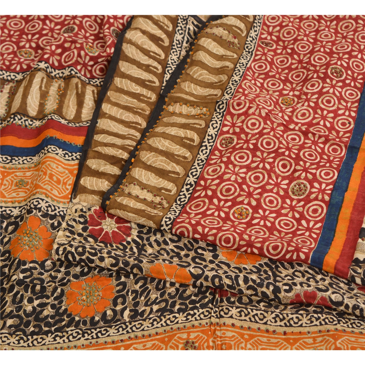 Sanskriti Vintage Sarees Hand Beaded Pure Crepe Silk Printed Sari Craft Sustainable Fabric