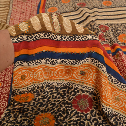 Sanskriti Vintage Sarees Hand Beaded Pure Crepe Silk Printed Sari Craft Sustainable Fabric
