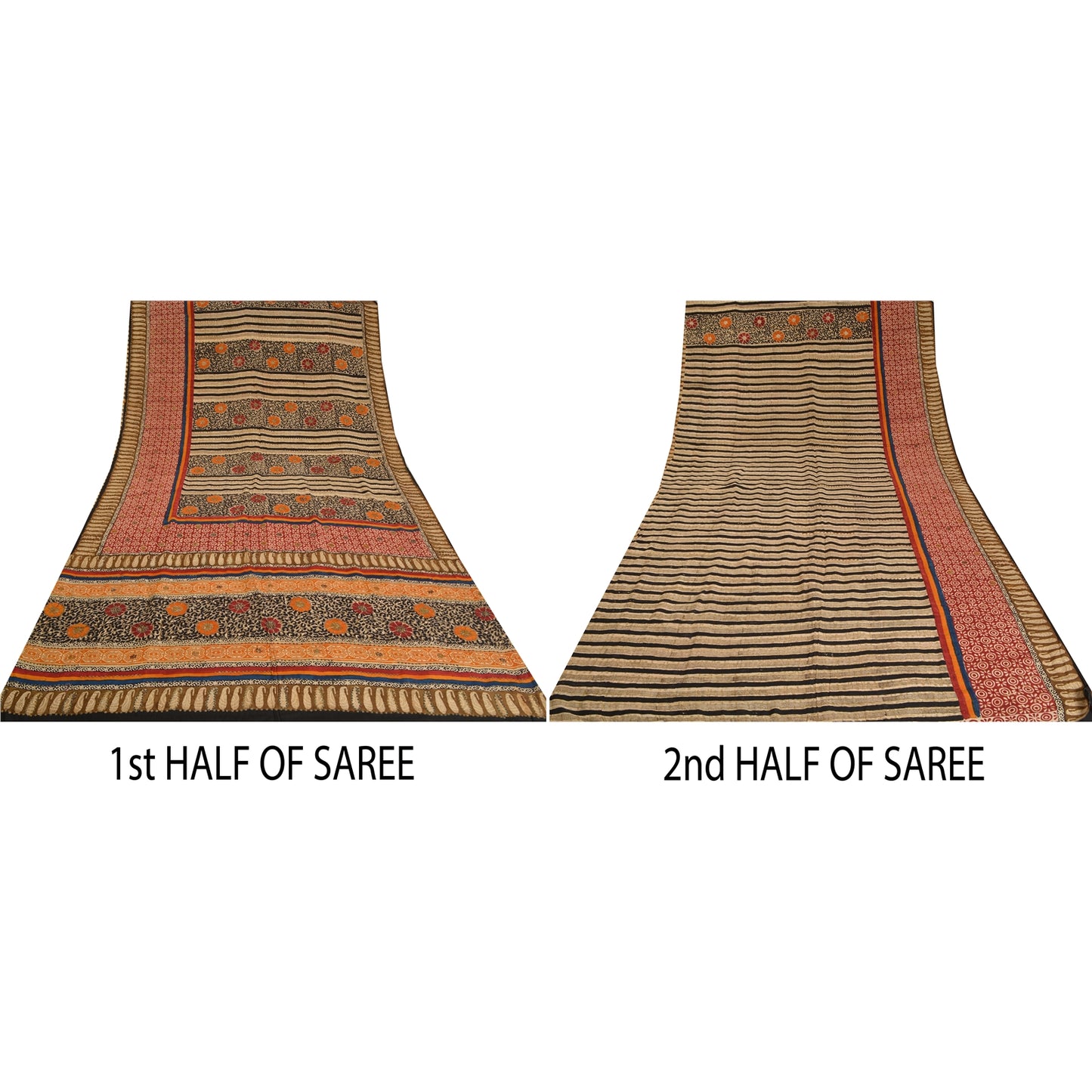 Sanskriti Vintage Sarees Hand Beaded Pure Crepe Silk Printed Sari Craft Sustainable Fabric