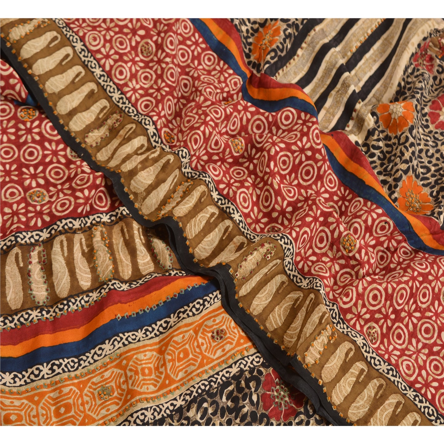 Sanskriti Vintage Sarees Hand Beaded Pure Crepe Silk Printed Sari Craft Sustainable Fabric