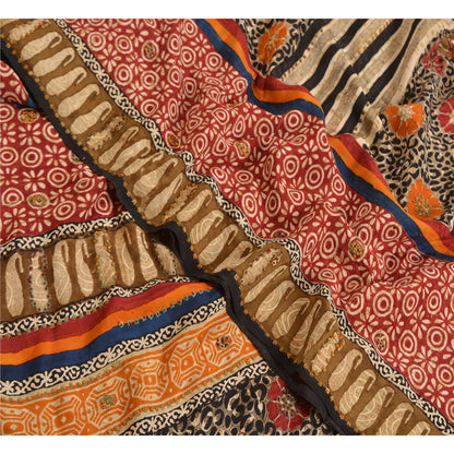 Sanskriti Vintage Sarees Hand Beaded Pure Crepe Silk Printed Sari Craft Sustainable Fabric