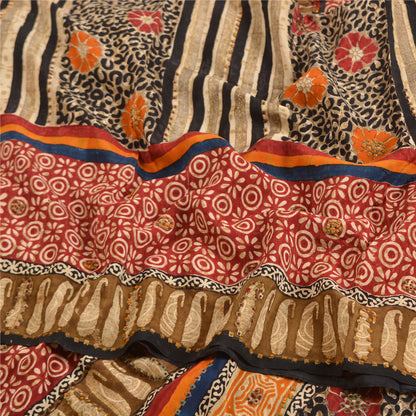 Sanskriti Vintage Sarees Hand Beaded Pure Crepe Silk Printed Sari Craft Sustainable Fabric