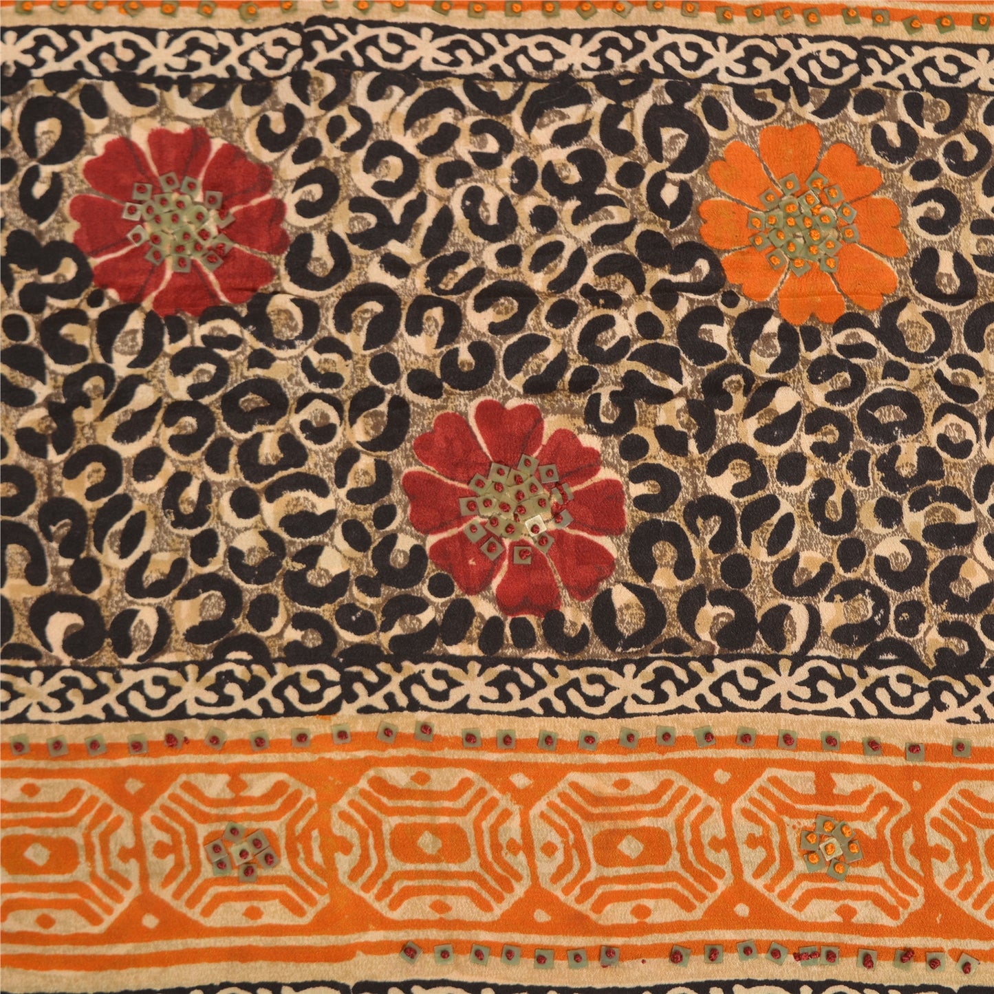 Sanskriti Vintage Sarees Hand Beaded Pure Crepe Silk Printed Sari Craft Sustainable Fabric