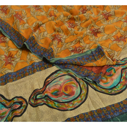 Sanskriti Vintage Sarees Saffron Pure Crepe Silk Floral Print Sari Craft Sustainable Fabric