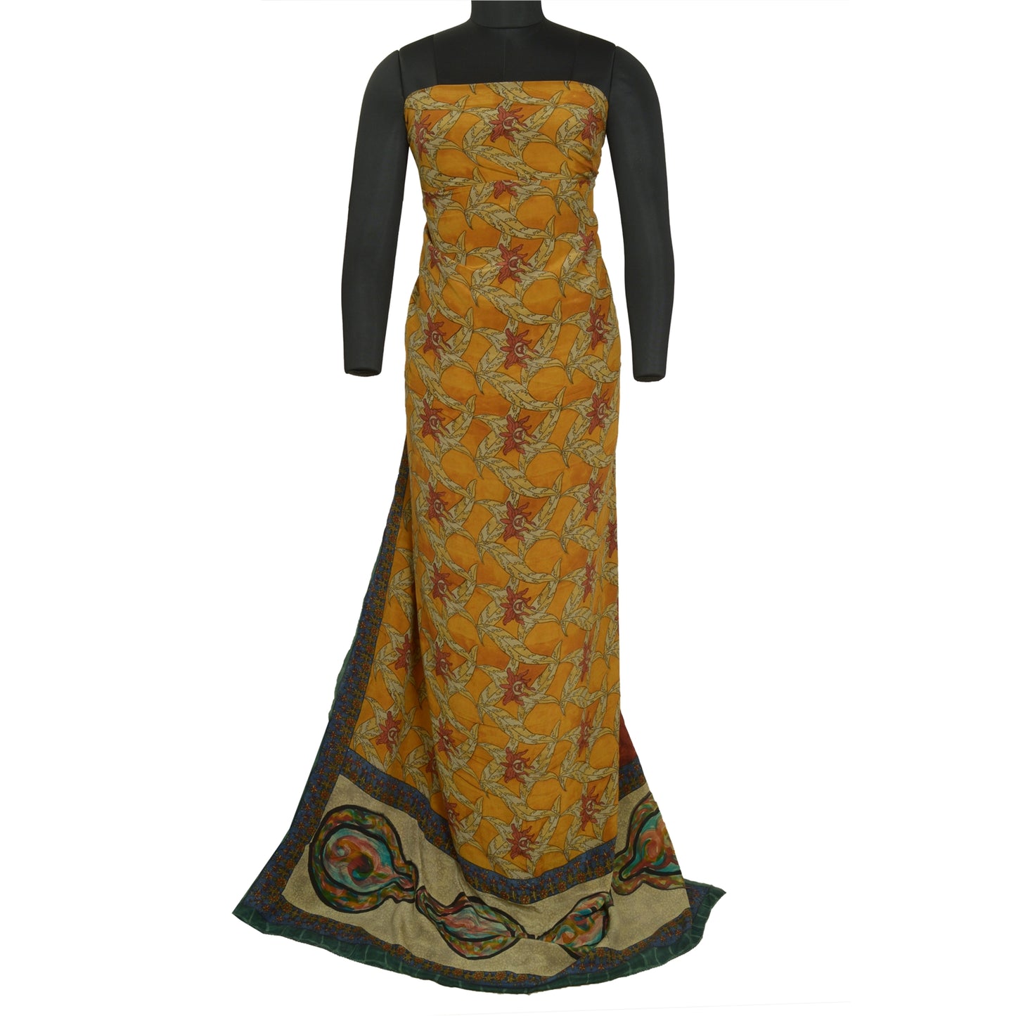 Sanskriti Vintage Sarees Saffron Pure Crepe Silk Floral Print Sari Craft Sustainable Fabric