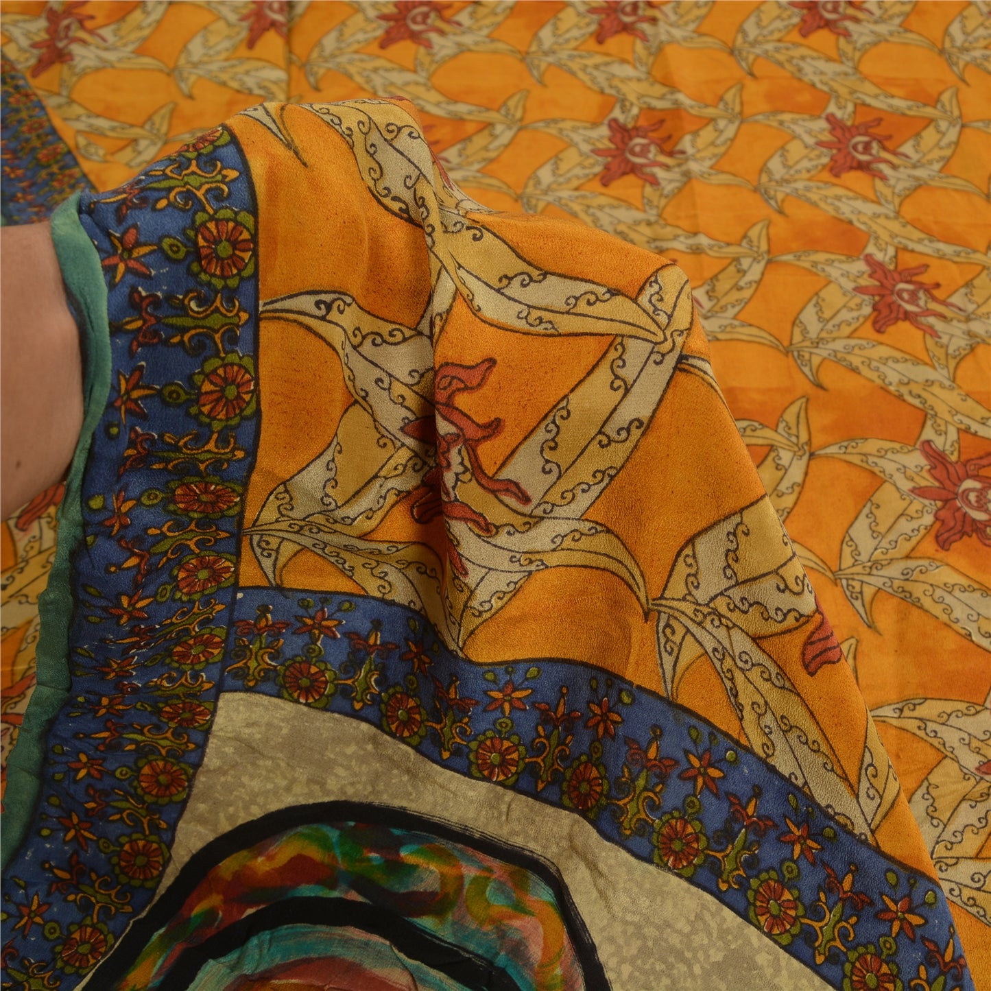 Sanskriti Vintage Sarees Saffron Pure Crepe Silk Floral Print Sari Craft Sustainable Fabric