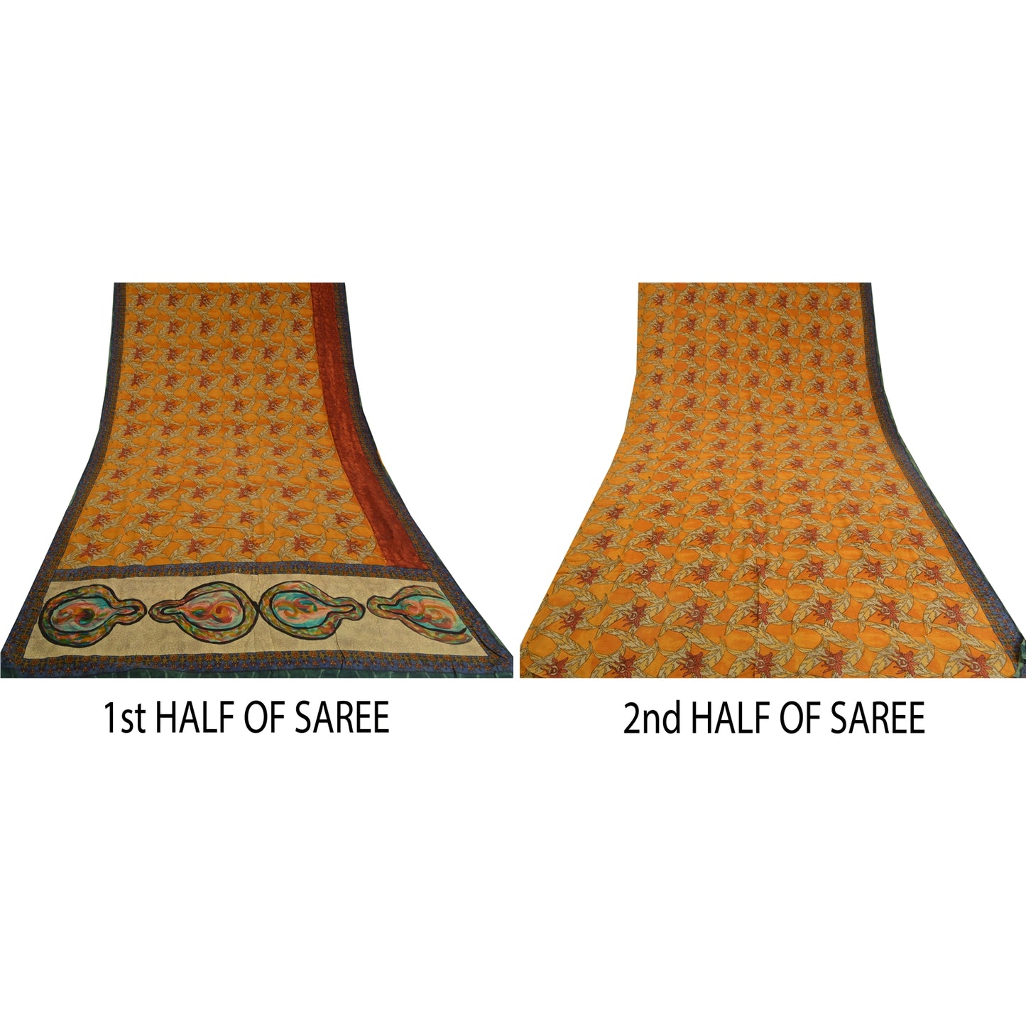 Sanskriti Vintage Sarees Saffron Pure Crepe Silk Floral Print Sari Craft Sustainable Fabric