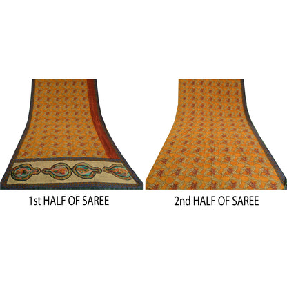 Sanskriti Vintage Sarees Saffron Pure Crepe Silk Floral Print Sari Craft Sustainable Fabric