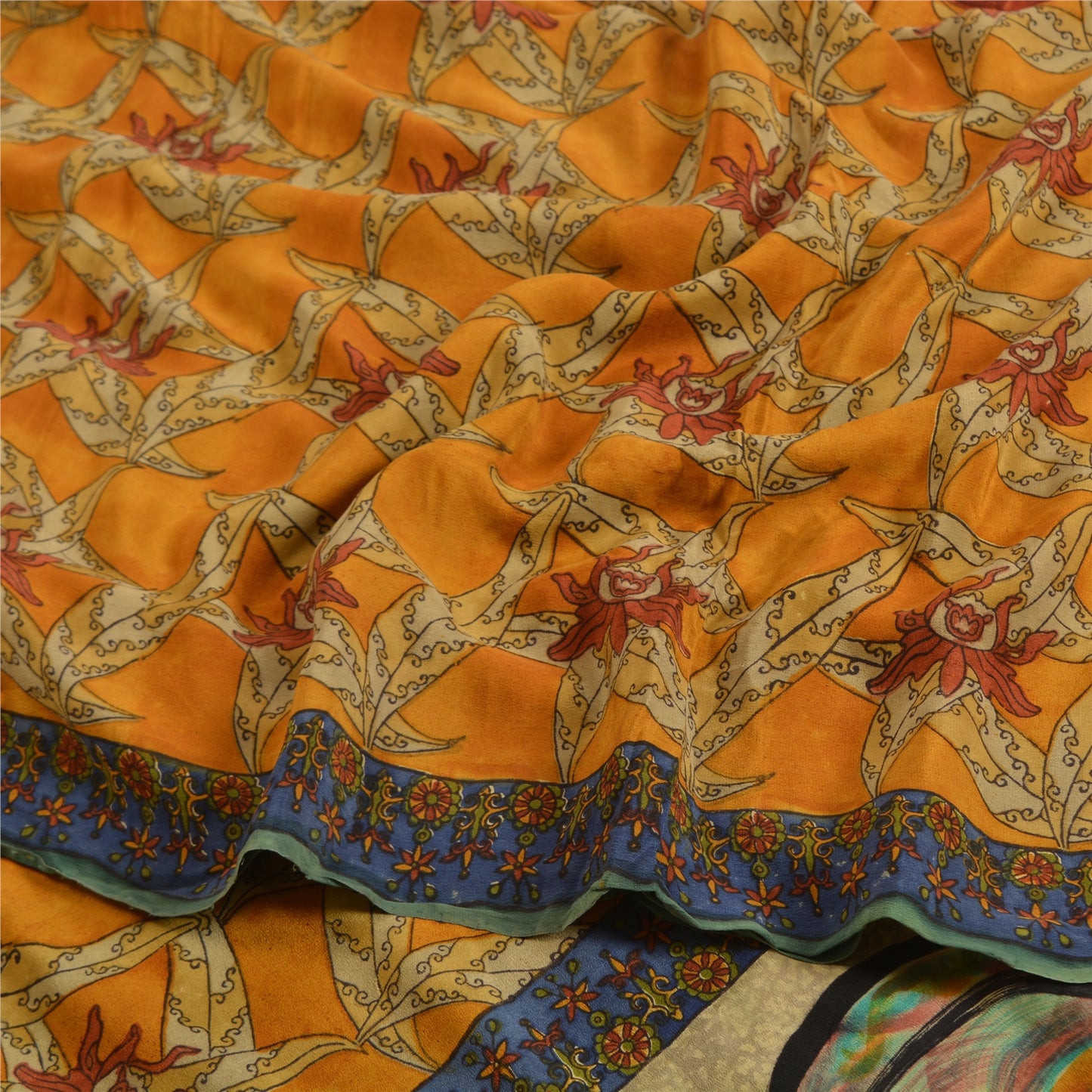 Sanskriti Vintage Sarees Saffron Pure Crepe Silk Floral Print Sari Craft Sustainable Fabric