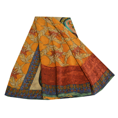 Sanskriti Vintage Sarees Saffron Pure Crepe Silk Floral Print Sari Craft Sustainable Fabric