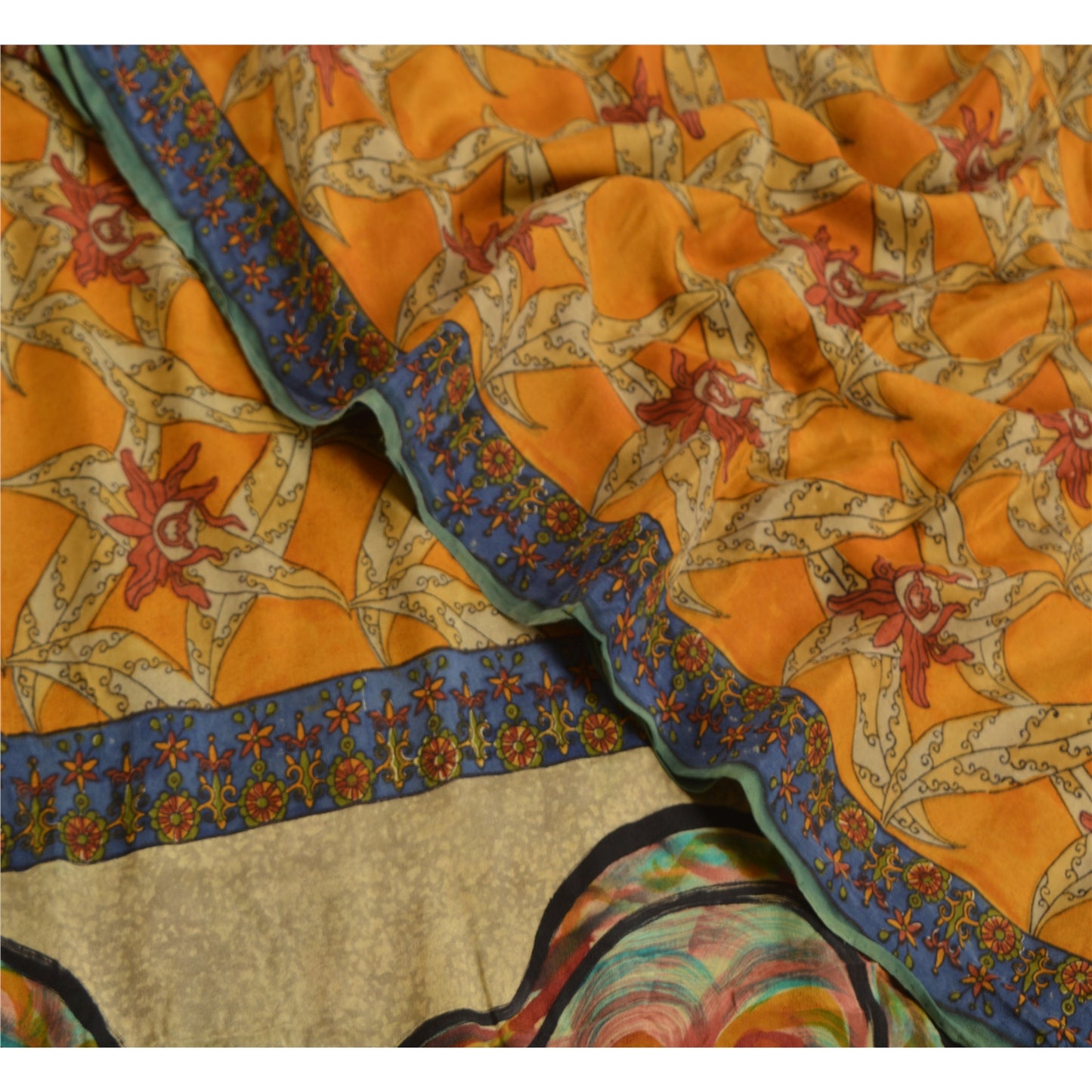Sanskriti Vintage Sarees Saffron Pure Crepe Silk Floral Print Sari Craft Sustainable Fabric