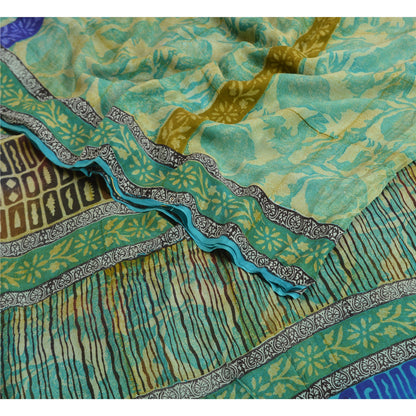 Sanskriti Vintage Sarees Green Pure Crepe Silk Floral Printed Sari Craft Sustainable Fabric