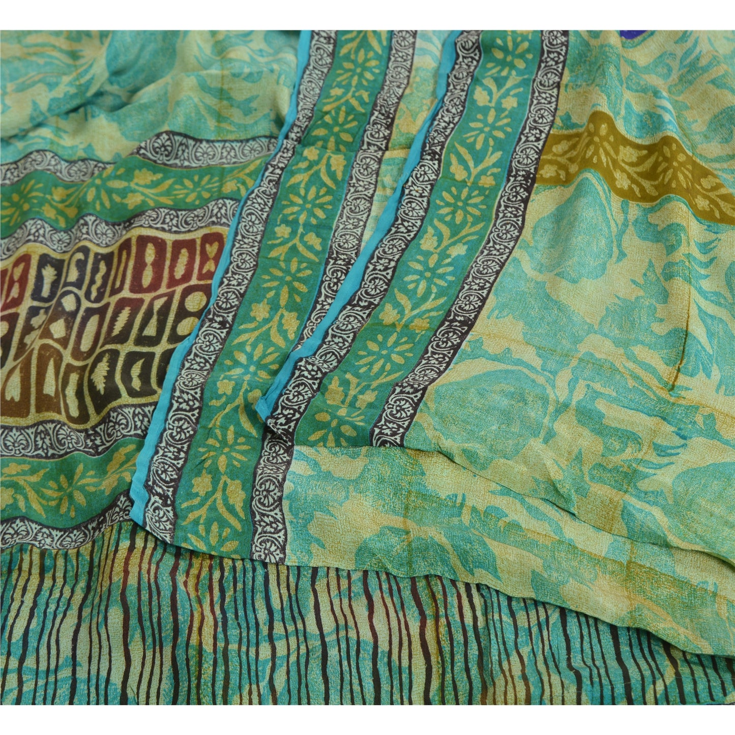 Sanskriti Vintage Sarees Green Pure Crepe Silk Floral Printed Sari Craft Sustainable Fabric