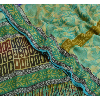 Sanskriti Vintage Sarees Green Pure Crepe Silk Floral Printed Sari Craft Sustainable Fabric