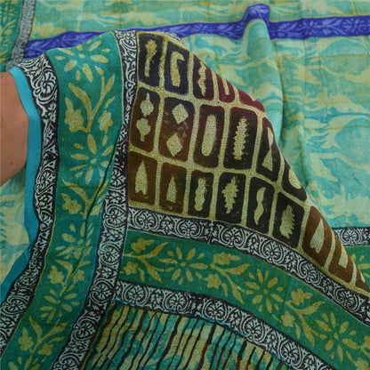 Sanskriti Vintage Sarees Green Pure Crepe Silk Floral Printed Sari Craft Sustainable Fabric