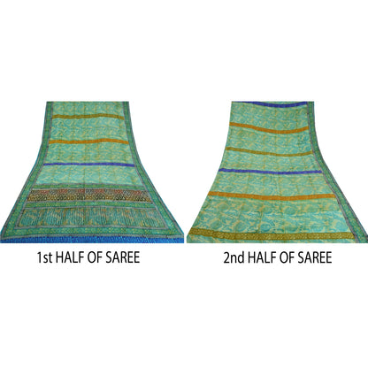Sanskriti Vintage Sarees Green Pure Crepe Silk Floral Printed Sari Craft Sustainable Fabric