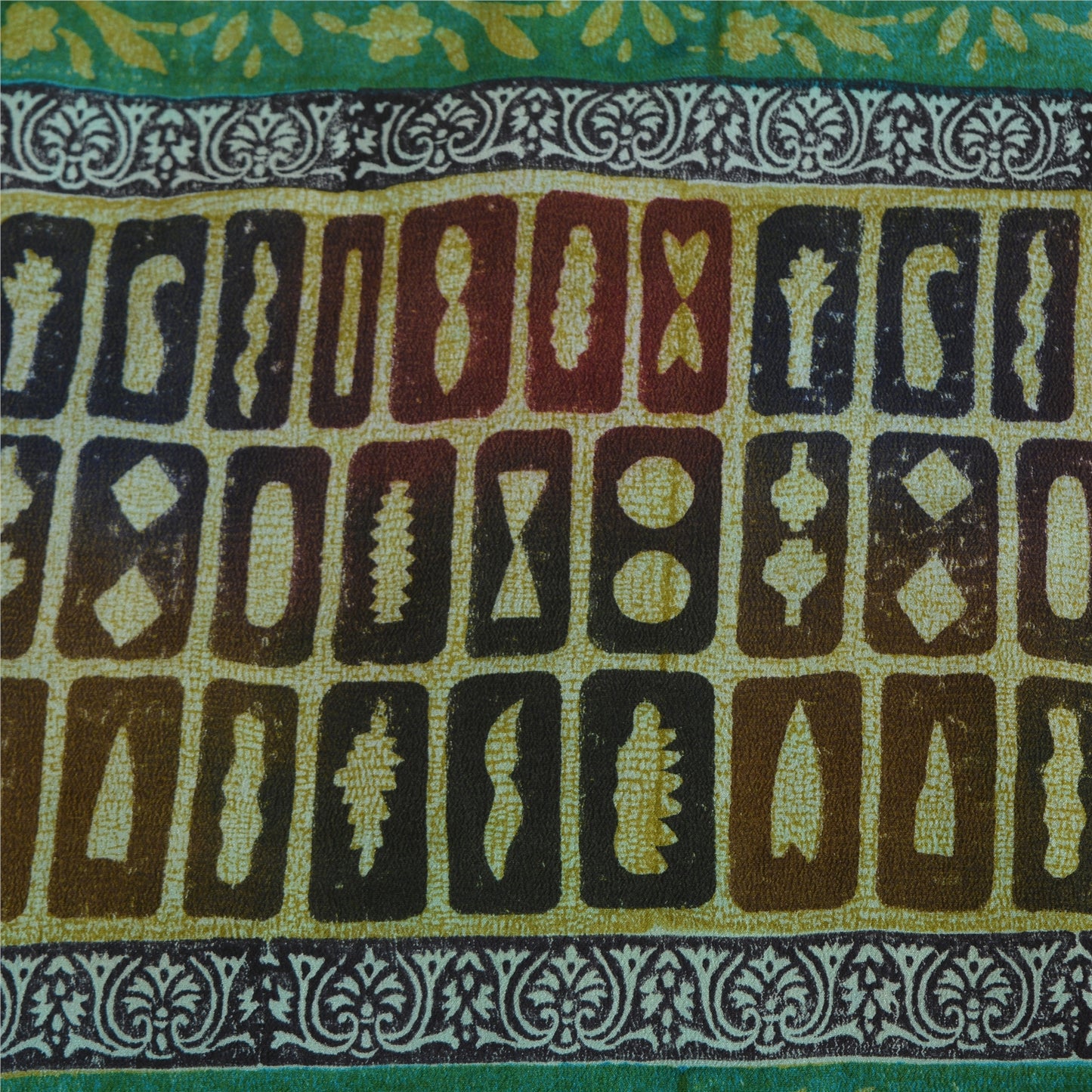 Sanskriti Vintage Sarees Green Pure Crepe Silk Floral Printed Sari Craft Sustainable Fabric