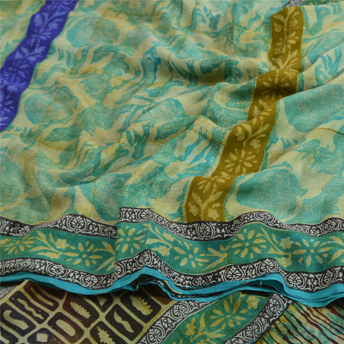 Sanskriti Vintage Sarees Green Pure Crepe Silk Floral Printed Sari Craft Sustainable Fabric