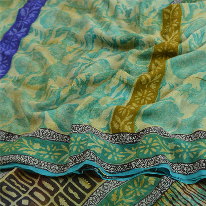 Sanskriti Vintage Sarees Green Pure Crepe Silk Floral Printed Sari Craft Sustainable Fabric