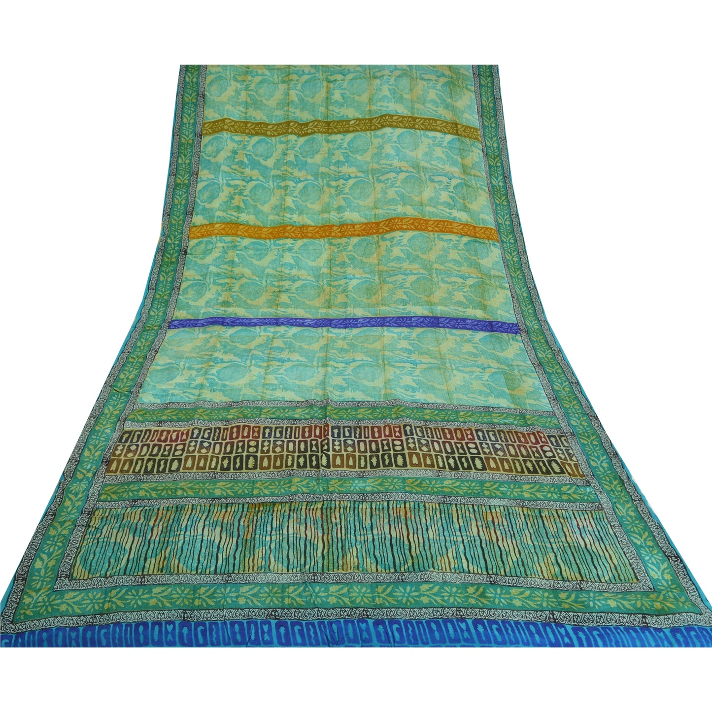 Sanskriti Vintage Sarees Green Pure Crepe Silk Floral Printed Sari Craft Sustainable Fabric