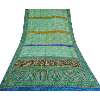 Sanskriti Vintage Sarees Green Pure Crepe Silk Floral Printed Sari Craft Sustainable Fabric