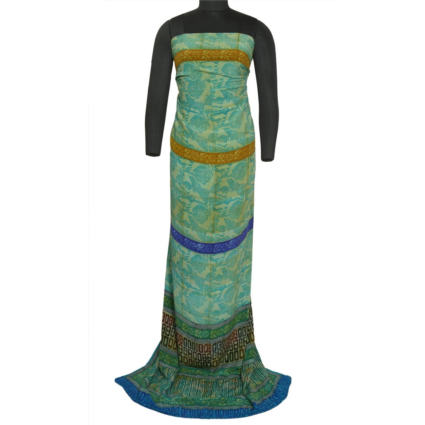 Sanskriti Vintage Sarees Green Pure Crepe Silk Floral Printed Sari Craft Sustainable Fabric