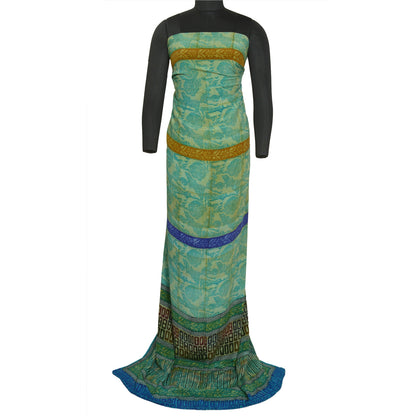Sanskriti Vintage Sarees Green Pure Crepe Silk Floral Printed Sari Craft Sustainable Fabric