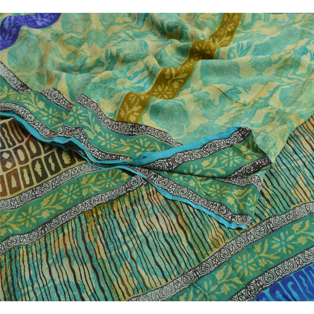 Sanskriti Vintage Sarees Green Pure Crepe Silk Floral Printed Sari Craft Sustainable Fabric