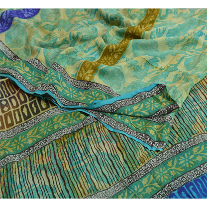 Sanskriti Vintage Sarees Green Pure Crepe Silk Floral Printed Sari Craft Sustainable Fabric