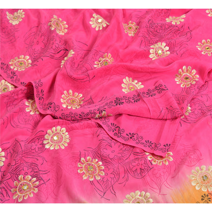Sanskriti Vintage Sarees Pink Embroidery Print Pure Crepe Silk Sari Craft Sustainable Fabric