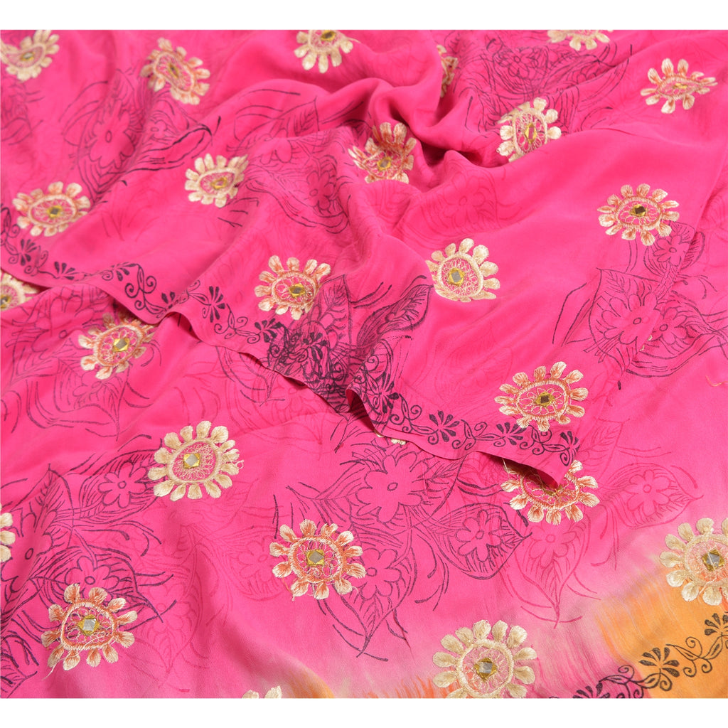 Sanskriti Vintage Sarees Pink Embroidery Print Pure Crepe Silk Sari Craft Sustainable Fabric
