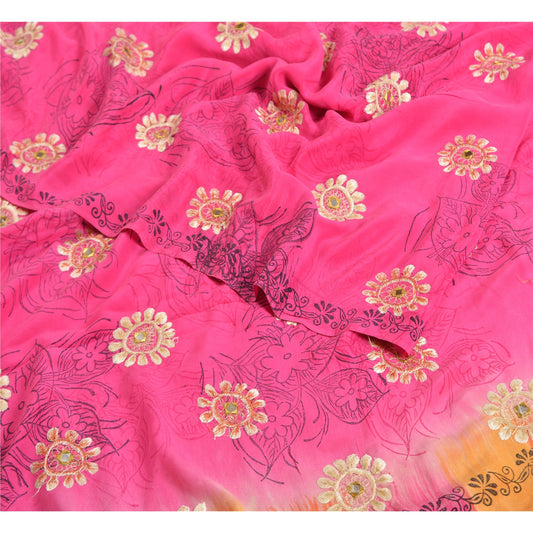Sanskriti Vintage Sarees Pink Embroidery Print Pure Crepe Silk Sari Craft Sustainable Fabric