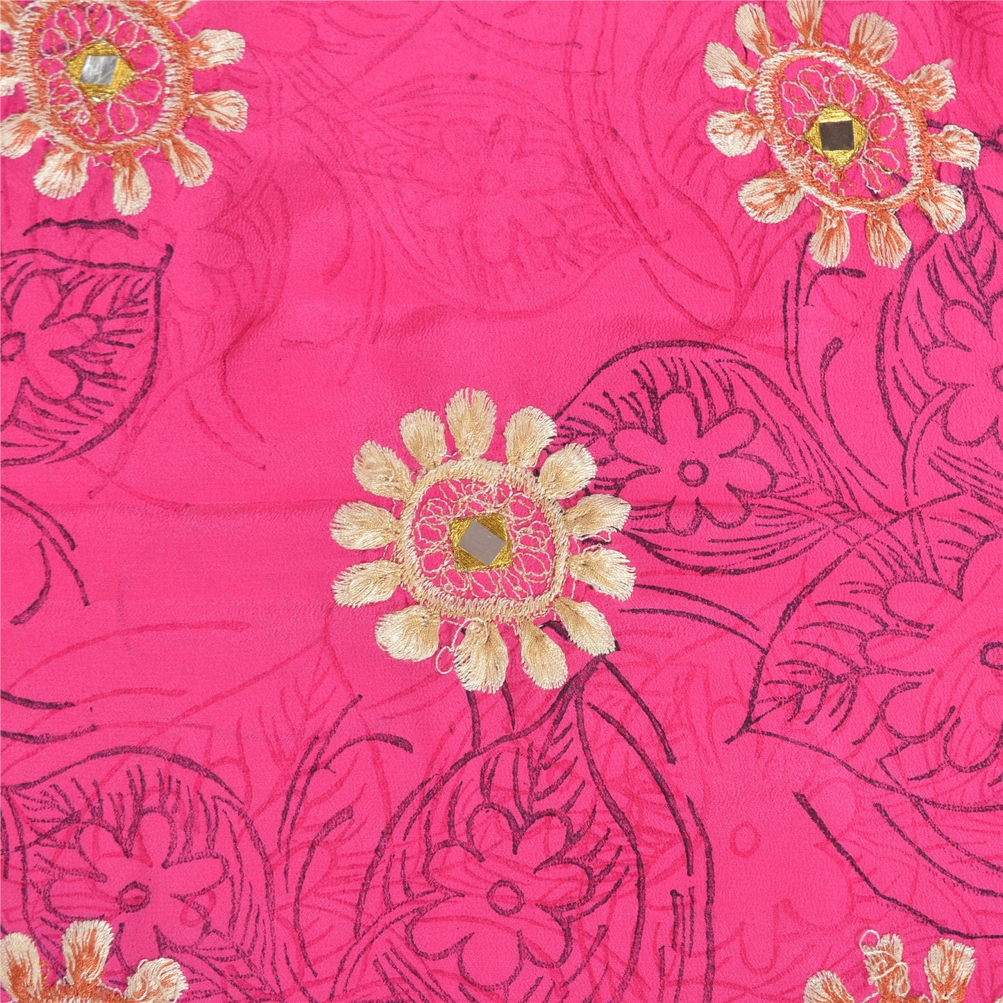 Sanskriti Vintage Sarees Pink Embroidery Print Pure Crepe Silk Sari Craft Sustainable Fabric