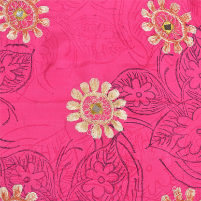 Sanskriti Vintage Sarees Pink Embroidery Print Pure Crepe Silk Sari Craft Sustainable Fabric