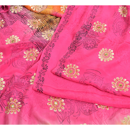 Sanskriti Vintage Sarees Pink Embroidery Print Pure Crepe Silk Sari Craft Sustainable Fabric