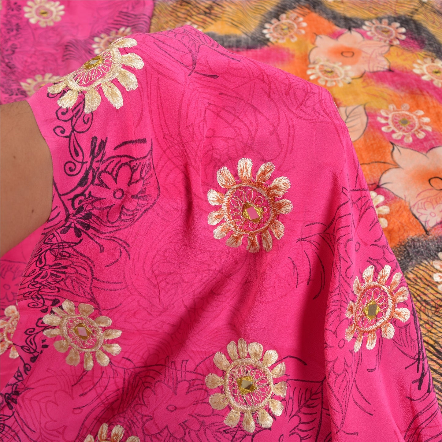 Sanskriti Vintage Sarees Pink Embroidery Print Pure Crepe Silk Sari Craft Sustainable Fabric