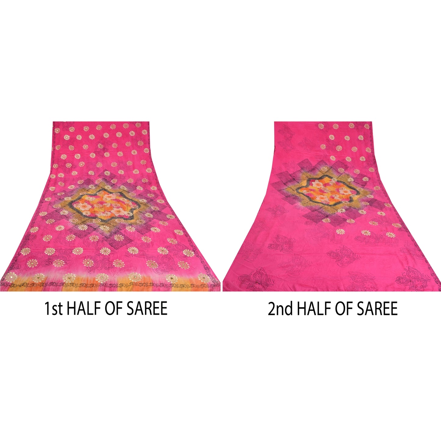 Sanskriti Vintage Sarees Pink Embroidery Print Pure Crepe Silk Sari Craft Sustainable Fabric
