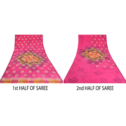 Sanskriti Vintage Sarees Pink Embroidery Print Pure Crepe Silk Sari Craft Sustainable Fabric